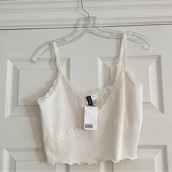 H&M Divided Cream Lace Crop top Ribbed Spaghetti Straps Shirt 90s Y2k NWT Large - Picture 14 of 15